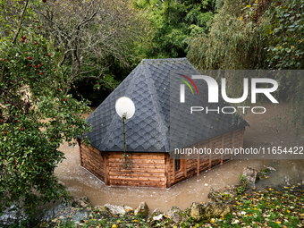 A small house is flooded in Pommeuse, Seine-et-Marne department, east of Paris, on October 10, 2024, as the heavy rains associated with the...