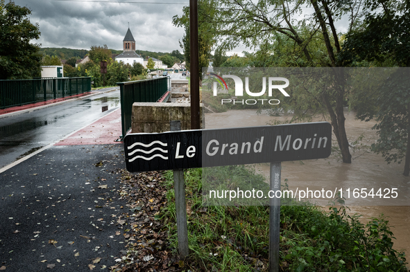 The sign reads ''Le Grand Morin,'' the name of this river, which bursts its banks in Pommeuse, Seine-et-Marne department, east of Paris, on...