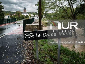 The sign reads ''Le Grand Morin,'' the name of this river, which bursts its banks in Pommeuse, Seine-et-Marne department, east of Paris, on...