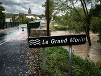 The sign reads ''Le Grand Morin,'' the name of this river, which bursts its banks in Pommeuse, Seine-et-Marne department, east of Paris, on...