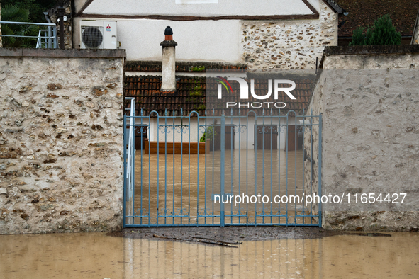 A flooded house is in Pommeuse, Seine-et-Marne department, east of Paris, on October 10, 2024, as the heavy rains associated with the Kirk l...