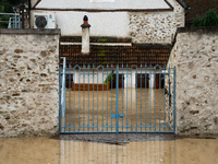 A flooded house is in Pommeuse, Seine-et-Marne department, east of Paris, on October 10, 2024, as the heavy rains associated with the Kirk l...