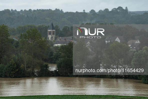 A general view of the flood around Pommeuse, Seine-et-Marne department, east of Paris, on October 10, 2024, shows the heavy rains associated...