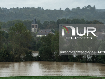 A general view of the flood around Pommeuse, Seine-et-Marne department, east of Paris, on October 10, 2024, shows the heavy rains associated...