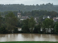 A general view of the flood around Pommeuse, Seine-et-Marne department, east of Paris, on October 10, 2024, shows the heavy rains associated...