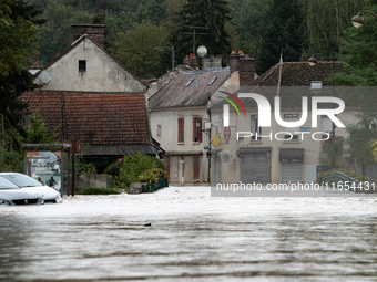 A flooded street is in Pommeuse, Seine-et-Marne department, east of Paris, on October 10, 2024, as the heavy rains associated with the Kirk...