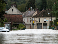 A flooded street is in Pommeuse, Seine-et-Marne department, east of Paris, on October 10, 2024, as the heavy rains associated with the Kirk...