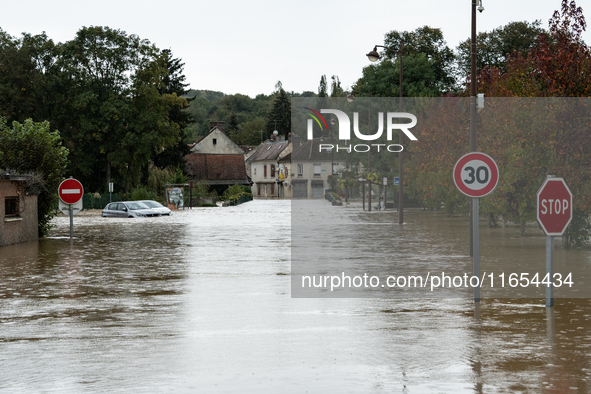 A flooded street is in Pommeuse, Seine-et-Marne department, east of Paris, on October 10, 2024, as the heavy rains associated with the Kirk...