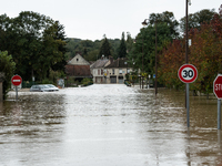 A flooded street is in Pommeuse, Seine-et-Marne department, east of Paris, on October 10, 2024, as the heavy rains associated with the Kirk...