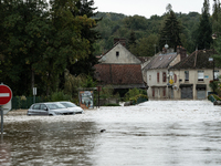 Flooded street and cars in Pommeuse, Seine-et-Marne department, east of Paris, on October 10, 2024, as the heavy rains associated with the K...