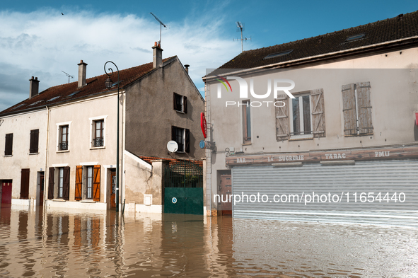 A flooded street is in Coulommiers, Seine-et-Marne department, east of Paris, on October 10, 2024, as the heavy rains associated with the Ki...