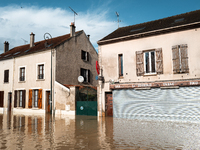 A flooded street is in Coulommiers, Seine-et-Marne department, east of Paris, on October 10, 2024, as the heavy rains associated with the Ki...