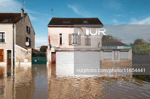 A flooded street is in Coulommiers, Seine-et-Marne department, east of Paris, on October 10, 2024, as the heavy rains associated with the Ki...