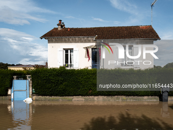 A flooded street is in Coulommiers, Seine-et-Marne department, east of Paris, on October 10, 2024, as the heavy rains associated with the Ki...