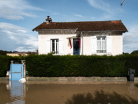 A flooded street is in Coulommiers, Seine-et-Marne department, east of Paris, on October 10, 2024, as the heavy rains associated with the Ki...