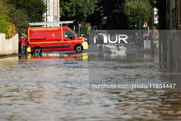 A flooded street is in Coulommiers, Seine-et-Marne department, east of Paris, on October 10, 2024, as the heavy rains associated with the Ki...