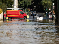 A flooded street is in Coulommiers, Seine-et-Marne department, east of Paris, on October 10, 2024, as the heavy rains associated with the Ki...