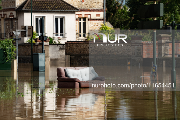 A flooded street is in Coulommiers, Seine-et-Marne department, east of Paris, on October 10, 2024, as the heavy rains associated with the Ki...