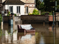 A flooded street is in Coulommiers, Seine-et-Marne department, east of Paris, on October 10, 2024, as the heavy rains associated with the Ki...