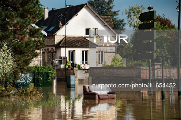 A flooded street is in Coulommiers, Seine-et-Marne department, east of Paris, on October 10, 2024, as the heavy rains associated with the Ki...