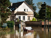 A flooded street is in Coulommiers, Seine-et-Marne department, east of Paris, on October 10, 2024, as the heavy rains associated with the Ki...