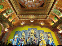 People visit a temporary platform called a pandal during the Hindu religious festival Durga Puja in Kolkata, India, on October 10, 2024. (