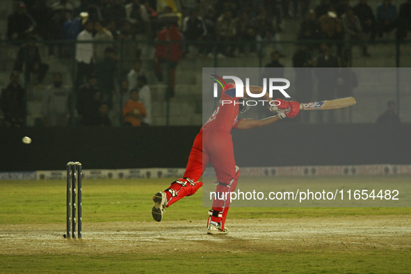 Dhruv Rawal of India Capitals plays a shot during the Legends League Cricket T20 match between Manipal Tigers and India Capitals at the Baks...