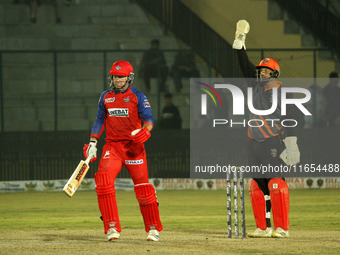 Phil Mustard, wicketkeeper of Manipal Tigers, appeals for the dismissal of Ben Dunk of India Capitals during the Legends League Cricket T20...