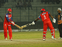 Ben Dunk (left) and Ashley Nurse (right) of India Capitals react during the Legends League Cricket T20 match between Manipal Tigers and Indi...