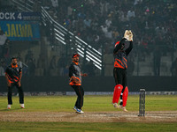 Phil Mustard, wicketkeeper of Manipal Tigers, appeals for the dismissal of Ben Dunk of India Capitals during the Legends League Cricket T20...