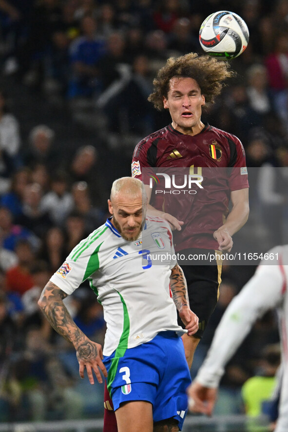 Wout Faes (BEL) and Federico Dimarco (ITA) are in action during the UEFA National League Matchday 3 match between Italy and Belgium at the O...