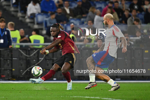 Jeremy Doku (BEL) and Federico Dimarco (ITA) participate in the UEFA National League Matchday 3 match between Italy and Belgium at the Olymp...