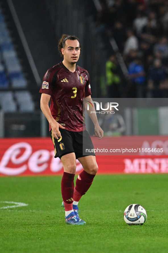 Arthur Theate (BEL) is in action during the UEFA National League Matchday 3 match between Italy and Belgium at the Olympic Stadium in Rome,...