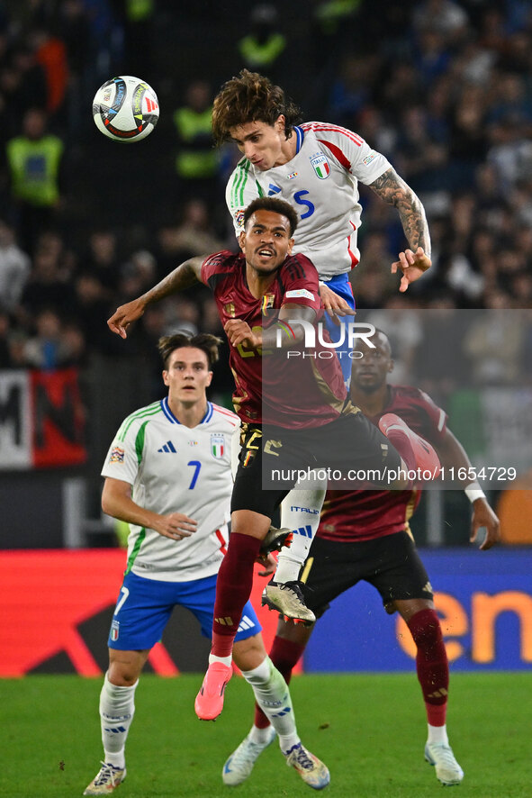 Cyril Ngonge (BEL) and Riccardo Calafiori (ITA) are in action during the UEFA National League Matchday 3 match between Italy and Belgium at...