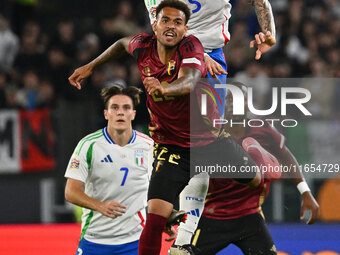 Cyril Ngonge (BEL) and Riccardo Calafiori (ITA) are in action during the UEFA National League Matchday 3 match between Italy and Belgium at...