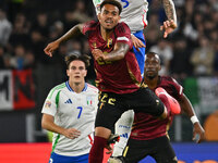 Cyril Ngonge (BEL) and Riccardo Calafiori (ITA) are in action during the UEFA National League Matchday 3 match between Italy and Belgium at...