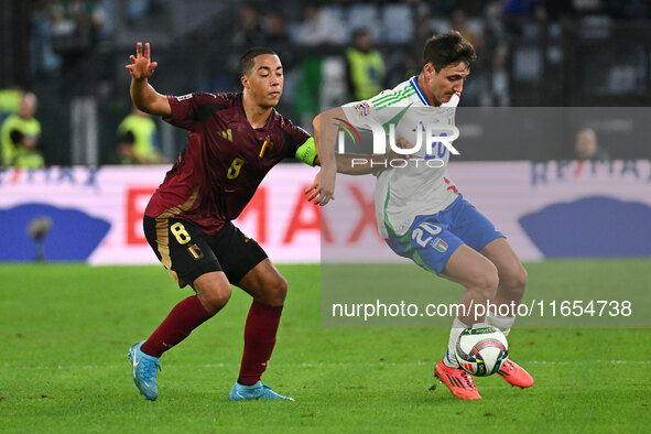 Youri Tielemans (BEL) and Andrea Cambiaso (ITA) are in action during the UEFA Nations League Matchday 3 match between Italy and Belgium at t...