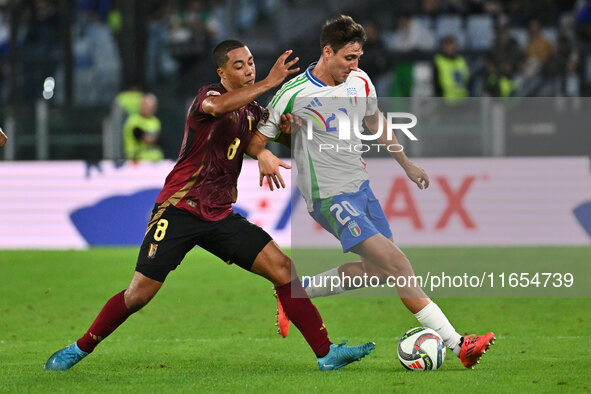 Youri Tielemans (BEL) and Andrea Cambiaso (ITA) are in action during the UEFA Nations League Matchday 3 match between Italy and Belgium at t...