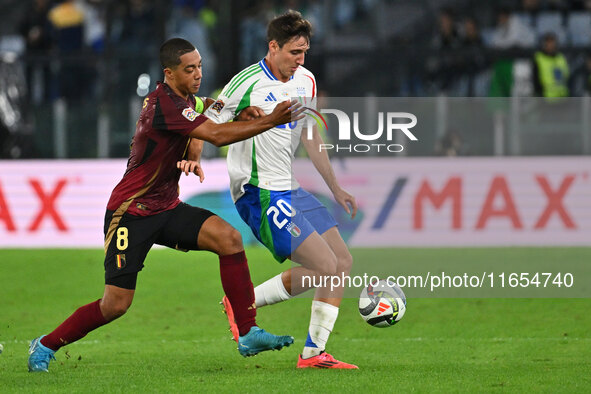 Youri Tielemans (BEL) and Andrea Cambiaso (ITA) are in action during the UEFA Nations League Matchday 3 match between Italy and Belgium at t...