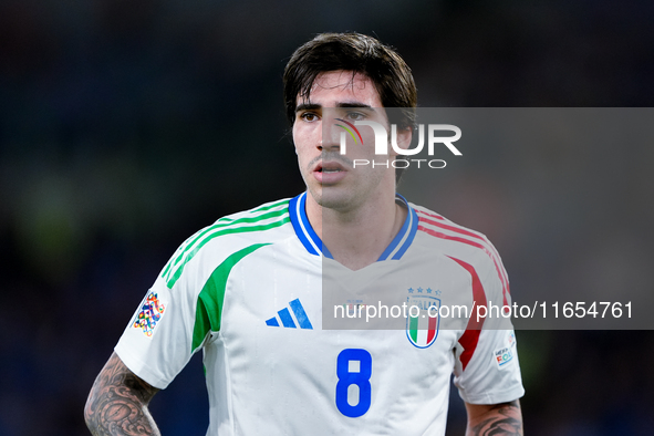 Sandro Tonali of Italy looks on during the UEFA Nations League 2024/25 League A Group A2 match between Italy and Belgium at Stadio Olimpico...