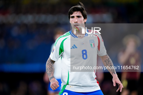 Sandro Tonali of Italy looks on during the UEFA Nations League 2024/25 League A Group A2 match between Italy and Belgium at Stadio Olimpico...