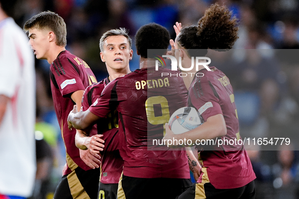 Leonardo Trossard of Belgium celebrates after scoring second goal during the UEFA Nations League 2024/25 League A Group A2 match between Ita...