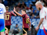 Leonardo Trossard of Belgium celebrates after scoring second goal during the UEFA Nations League 2024/25 League A Group A2 match between Ita...