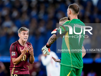 Lorenzo Pellegrini of Italy protests with the referee during the UEFA Nations League 2024/25 League A Group A2 match between Italy and Belgi...