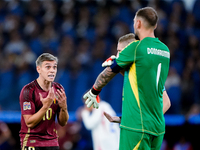 Lorenzo Pellegrini of Italy protests with the referee during the UEFA Nations League 2024/25 League A Group A2 match between Italy and Belgi...