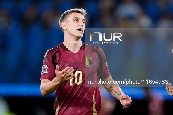 Leonardo Trossard of Belgium reacts during the UEFA Nations League 2024/25 League A Group A2 match between Italy and Belgium at Stadio Olimp...