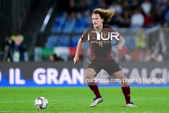 Wout Faes of Belgium during the UEFA Nations League 2024/25 League A Group A2 match between Italy and Belgium at Stadio Olimpico on October...