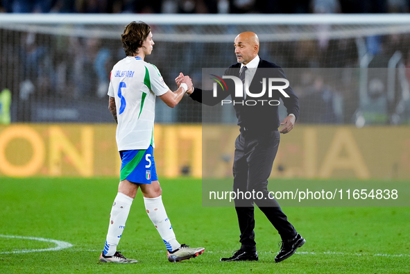 Riccardo Calafiori of Italy and Luciano Spalletti head coach of Italy during the UEFA Nations League 2024/25 League A Group A2 match between...