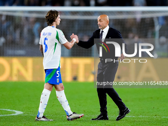 Riccardo Calafiori of Italy and Luciano Spalletti head coach of Italy during the UEFA Nations League 2024/25 League A Group A2 match between...