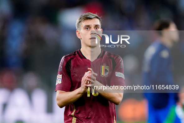 Leonardo Trossard of Belgium applauds his supporters at the end of the UEFA Nations League 2024/25 League A Group A2 match between Italy and...